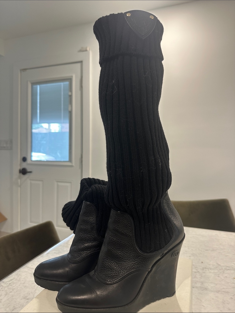 Gucci Black Wedge Knee-High Rib Knit Boots